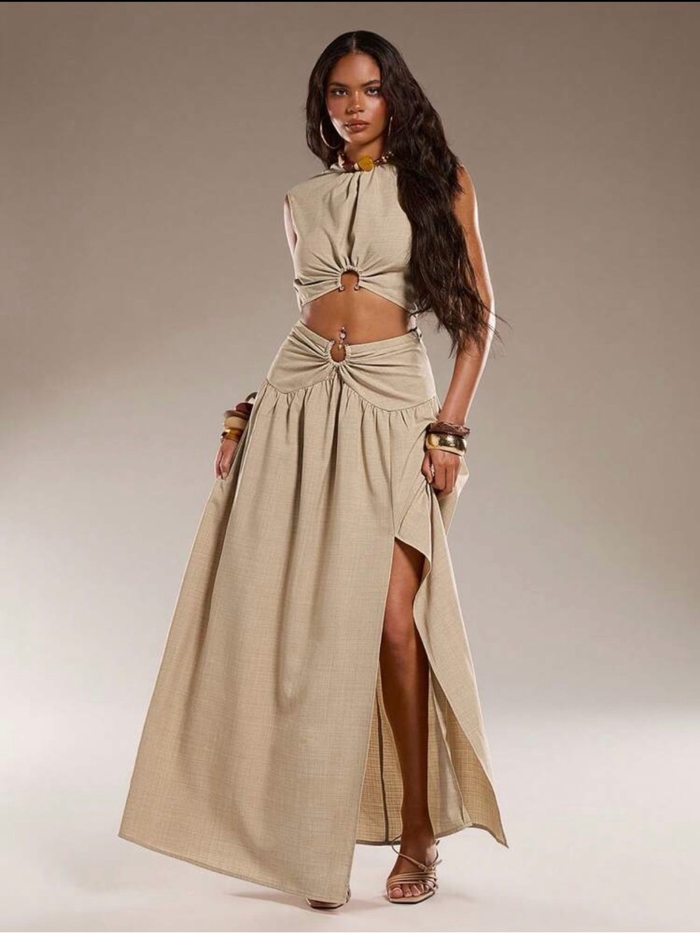 Beige Two-Piece Cutout Maxi Skirt Set